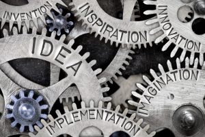 Gears with words such as, Idea, Inspiration and implementation